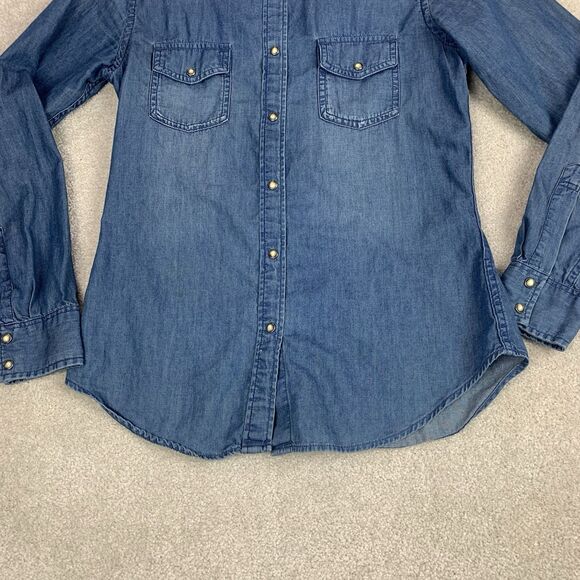 Uniqlo Women Small Pearl Snap Western Chambray Pocket Button Shirt Long Sleeve - Picture 3 of 12